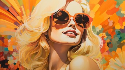 Beautiful woman with blonde hair and wearing cool sunglasses, The capture looks 1988 year  - obrazy, fototapety, plakaty