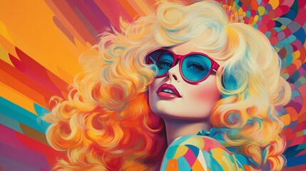 Beautiful woman with blonde hair and wearing cool sunglasses, The capture looks 1988 year  - obrazy, fototapety, plakaty