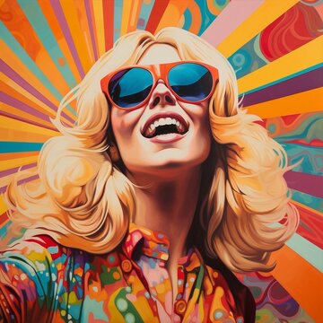Beautiful smiling woman with blonde hair and wearing cool sunglasses, The capture looks 1988 year 