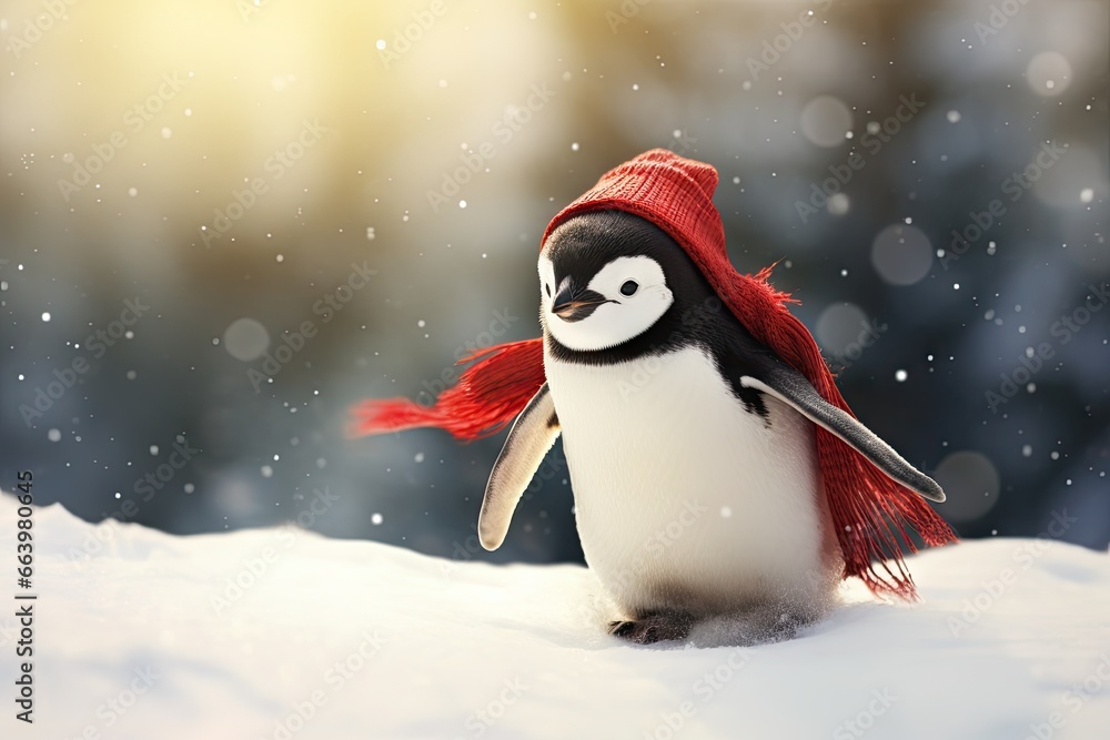Poster a penguin with a red hat is walking in the snow. generative ai