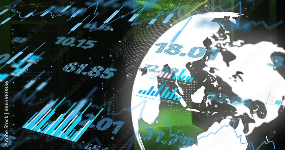 Poster animation of multiple graphs, rotating globe and trading board over data server room