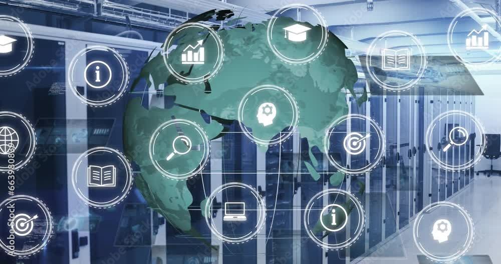 Poster animation of icon in circles and rotating globe, graphs, radars over data server room