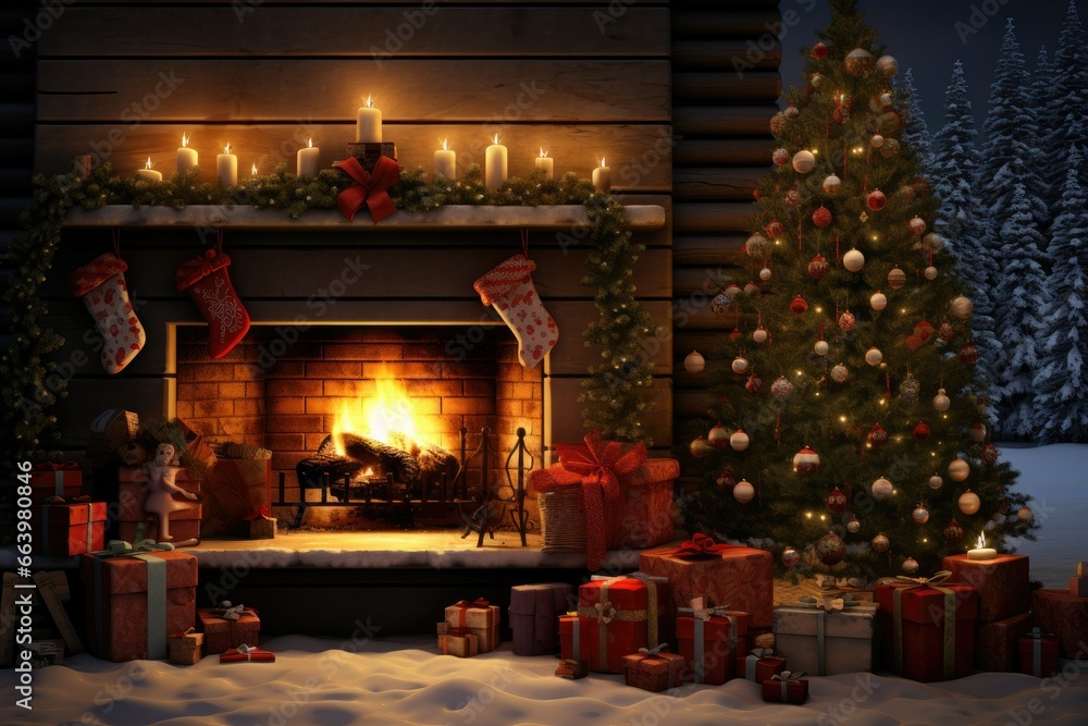 Poster a fireplace with presents and a christmas tree in front of it. generative ai