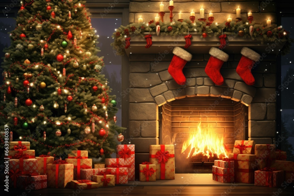 Poster a fireplace with presents and a christmas tree in front of it. generative ai