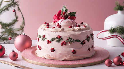 Christmas cake decorated with Christmas toys and cranberries, Christmas decorations, Christmas sweets, trendy color, pink shades