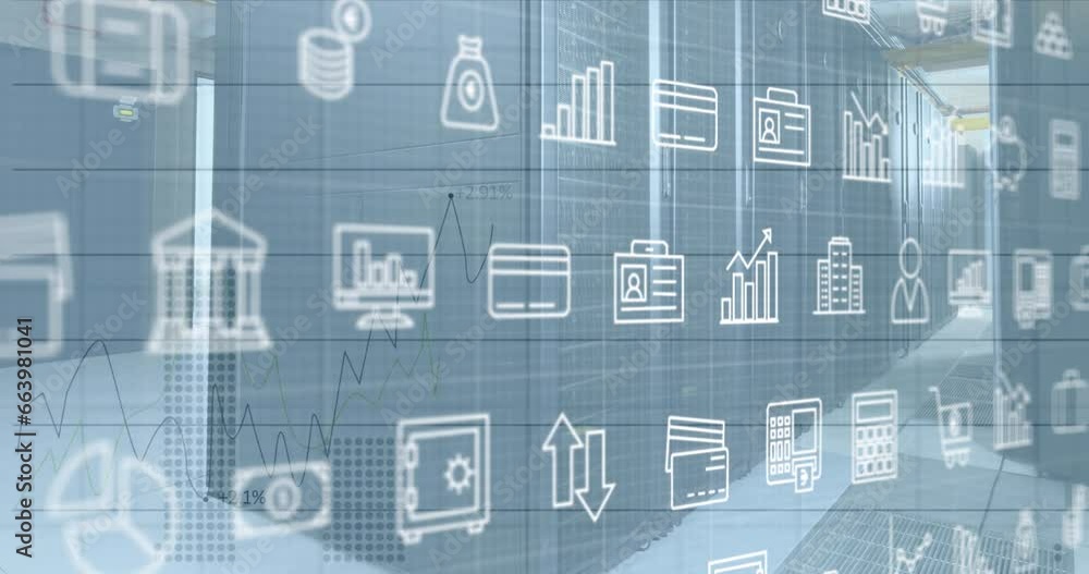 Poster animation of multiple icons, graphs with changing numbers over data server racks