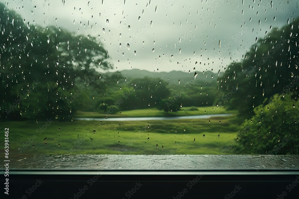 Poster a view of a field through a rain covered window with raindrops. generative ai