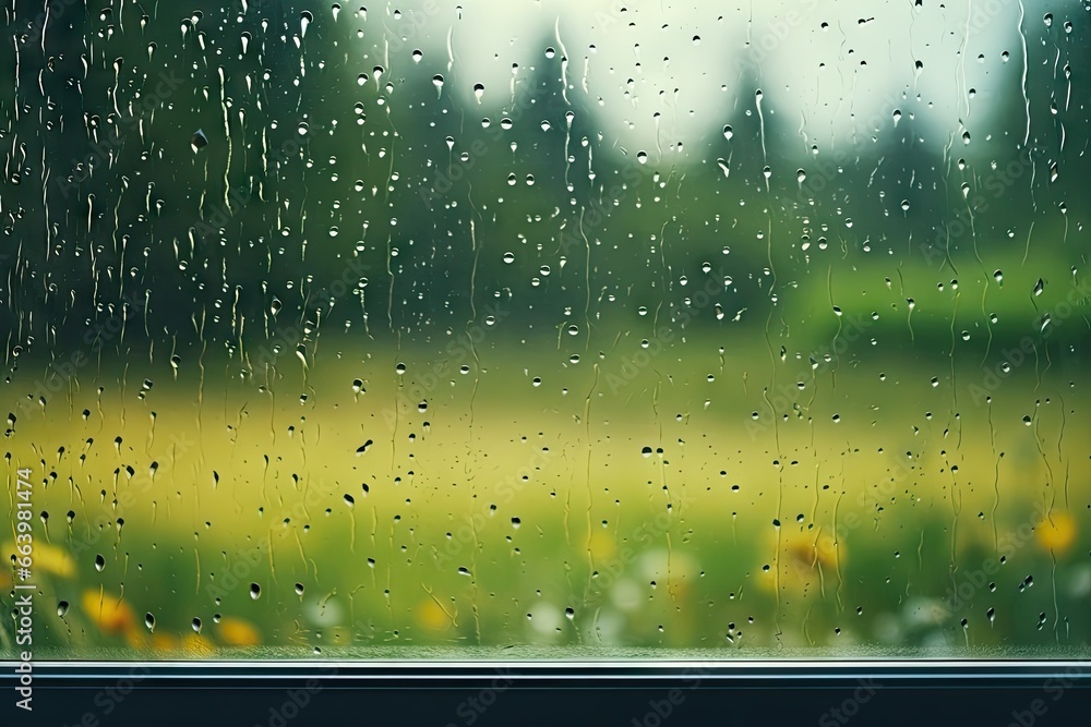 Poster a window with rain drops on it and a field in the background. generative ai
