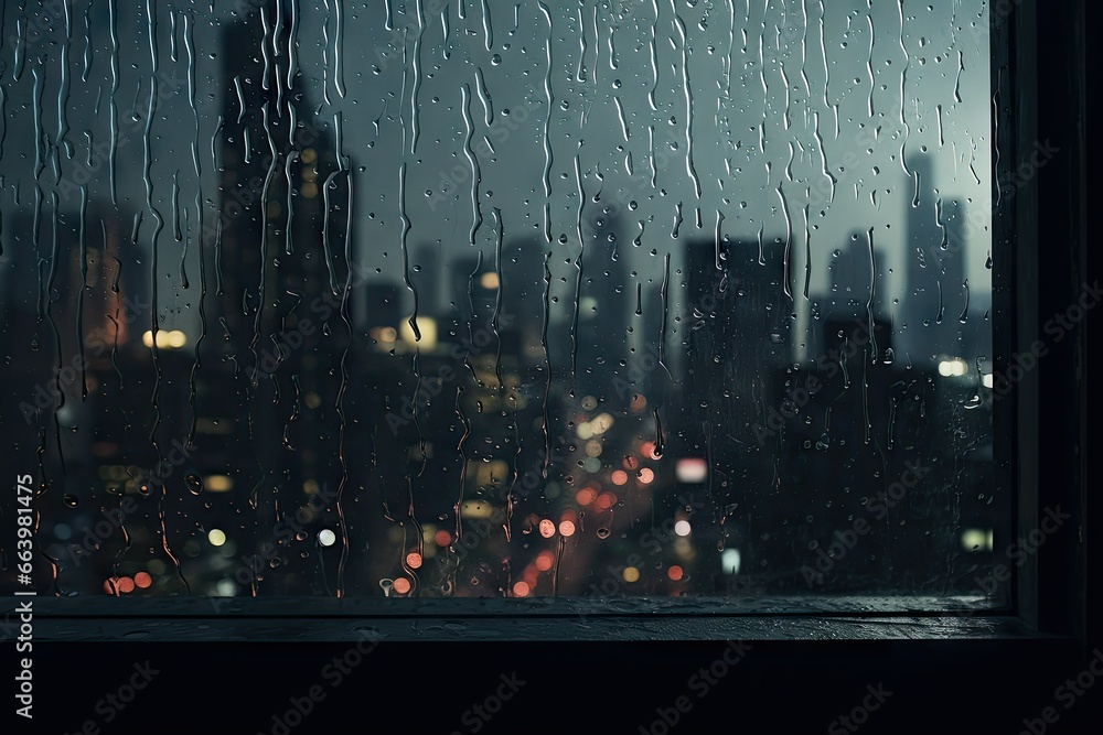 Poster a window with rain drops on it and a cityscape in the background. generative ai