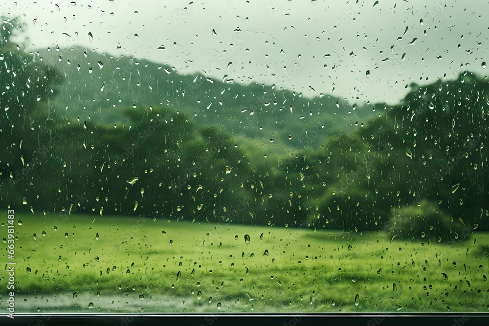 Poster rain drops on a window with a green field in the background. generative ai