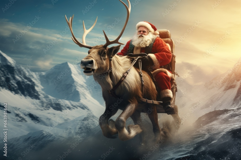 Poster a man riding on the back of a reindeer in a sleigh. generative ai