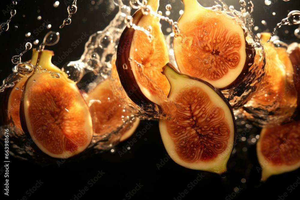 Poster a group of sliced figs with water splashing on them. generative ai