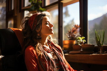 Serene bohemian woman in warm sunlight, vintage decor, and ethnic jewelry, enjoying a peaceful indoor moment by the window.