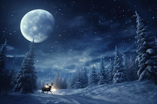  a deer in a snowy forest with a full moon in the background.  generative ai