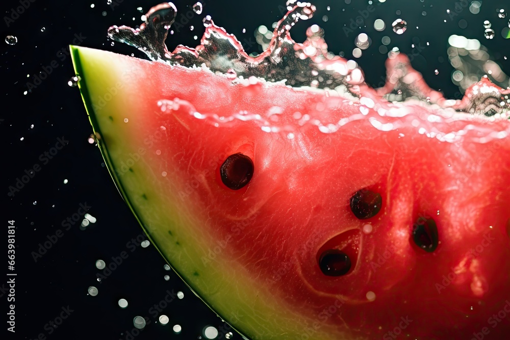 Poster  a slice of watermelon with water splashing on it.  generative ai