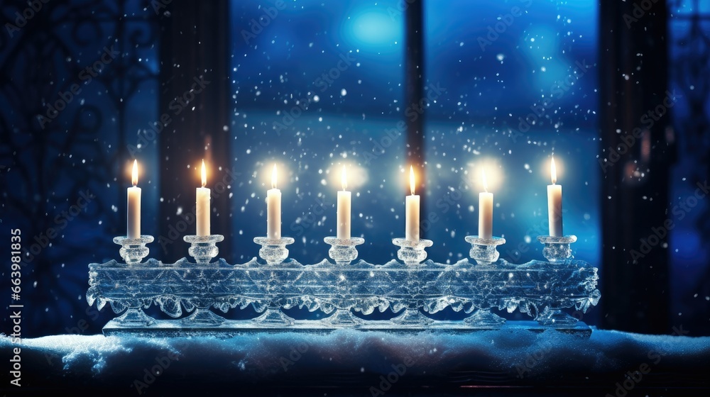 Poster a hanukkah menorah with lit candles on a table in front of a window. generative ai