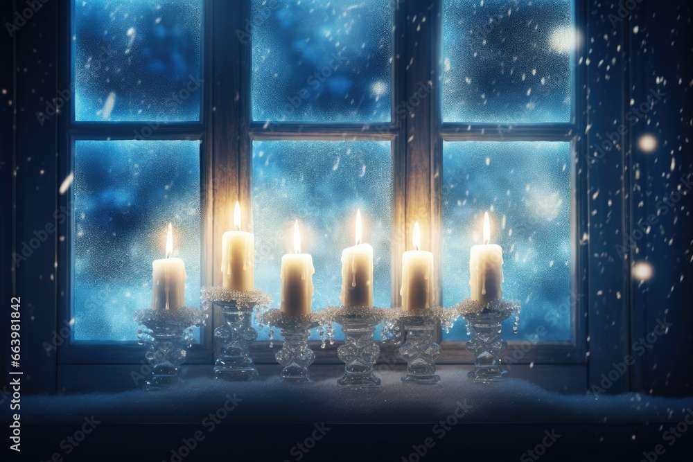 Poster a group of candles sitting on top of a table in front of a window, with snowflakes falling from the 