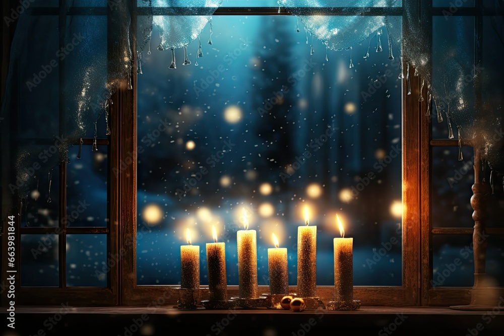Poster a window sill with several candles burning brightly in front of it, illuminated by the light of the 