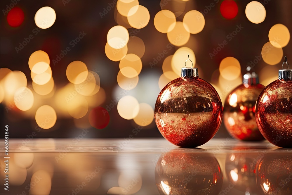 Aufkleber two shiny red christmas ornaments sitting on a table with lights in the background. generative ai