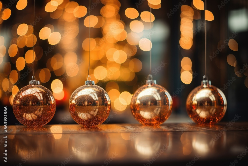 Aufkleber a group of three shiny glass ornaments on a table with lights in the background. generative ai