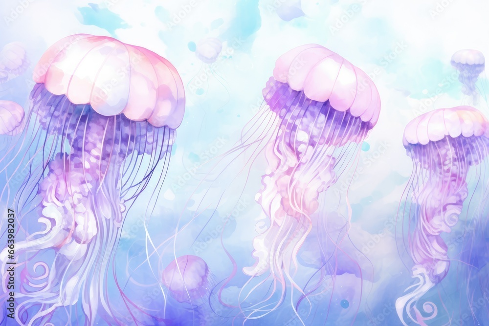 Poster a group of jellyfish floating in the ocean with bubbles. generative ai