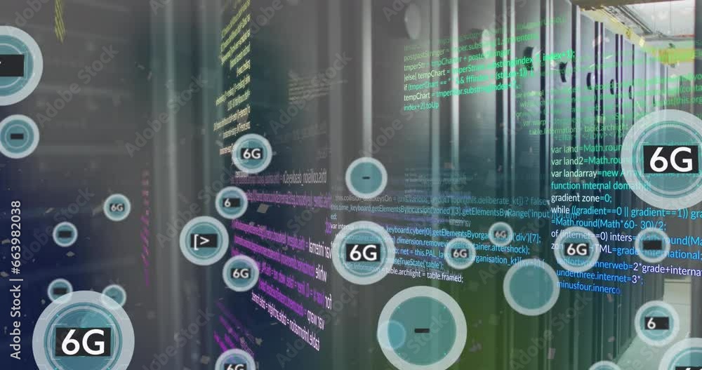 Poster animation of 6g text in circles, computer language over data server room