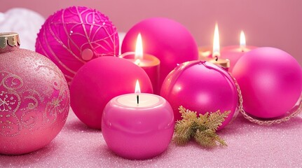 Obraz na płótnie Canvas Christmas candles, Christmas trees and Christmas toys, New Year decorations, pink shades, trendy color