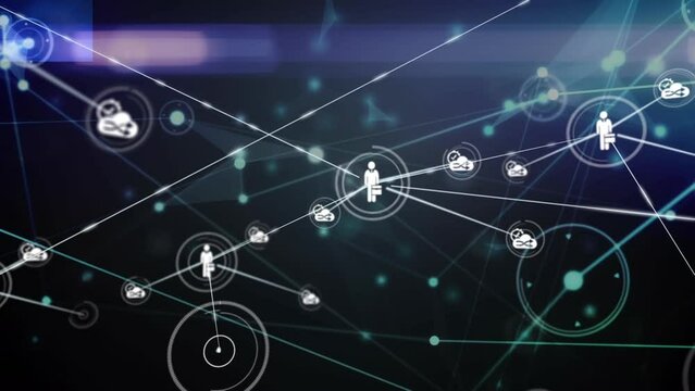 Animation of connected icon over connected dots forming geometric shapes against black background