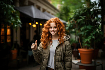 Cheerful redhead woman with a radiant smile gives a thumbs up, set against a cozy urban cafe backdrop.