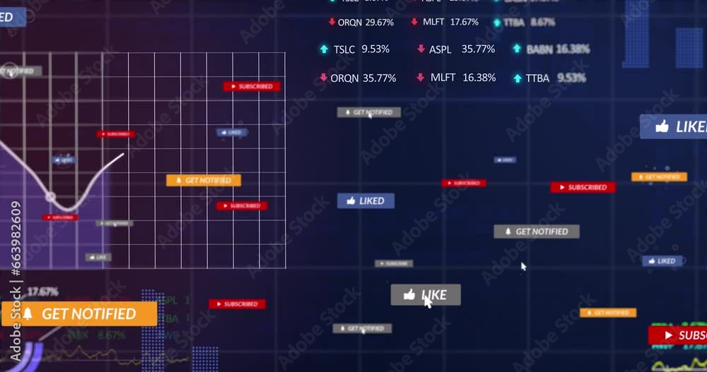 Poster animation of graphs, trading boards, notification bars and computer language on black background
