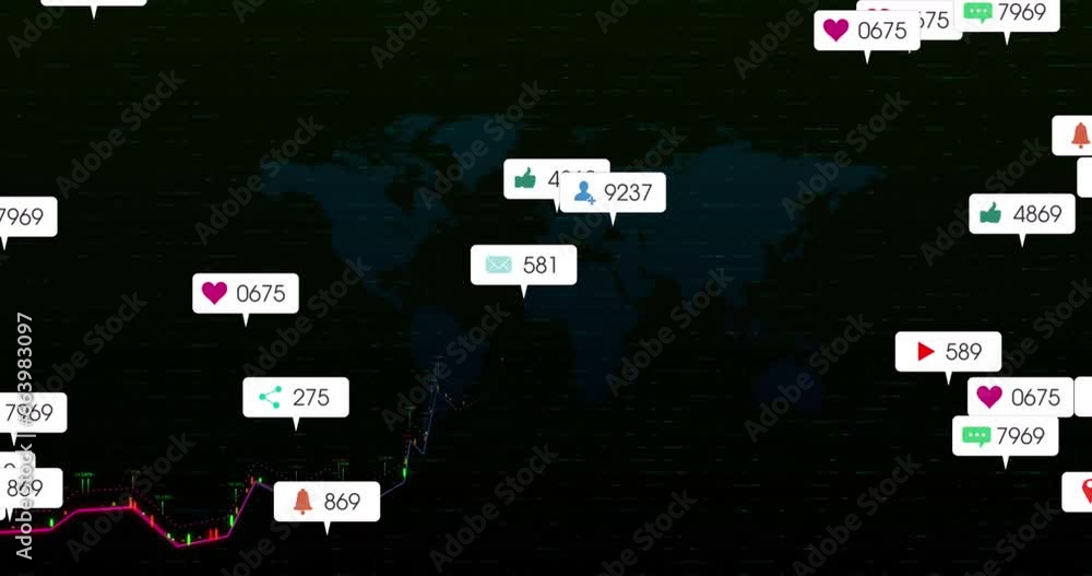 Poster animation of notification bars with multiple graphs and map over black background