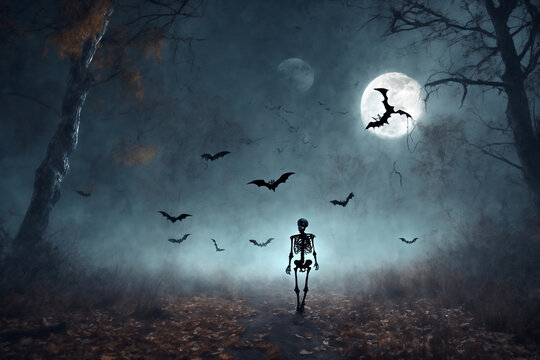 a skeleton walks along a path in a mystical forest on Halloween night, bats on the background of a large full moon in a dark sky, atmospheric and fabulous