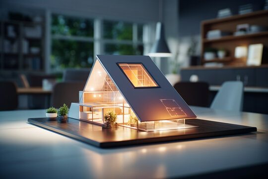 realistic photo of a concept holo 3d render model of a small living house on a table in a real estate agency. signing mortgage contract document and demonstrating. futuristic business