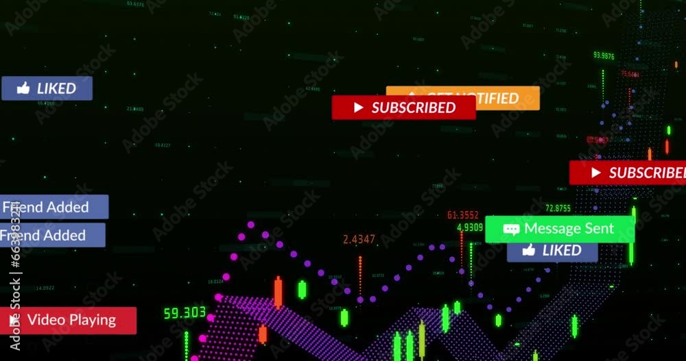 Poster animation of notification bars over graphs with changing numbers against black background