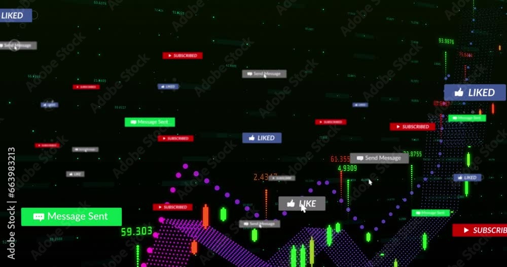 Poster animation of notification bars over graphs with changing numbers against black background
