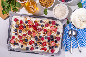 Cooking making Frozen Yogurt Bark background with greek yogurt, fresh berry, granola, honey,...