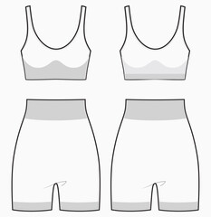 Women Running set with Sports bra top and tights short Leggings active wear design flat sketch fashion Illustration suitable for girls and Ladies. Two piece Swim, yoga, gym, running and sports kit - obrazy, fototapety, plakaty