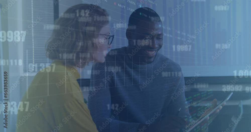Poster animation of graphs, changing numbers and trading board over diverse coworkers discussing reports