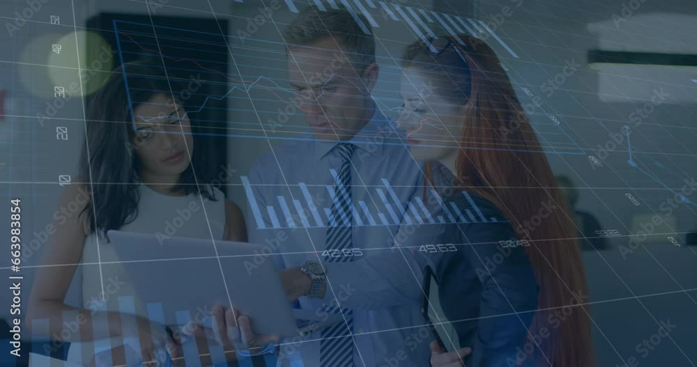 Poster animation of graphs, loading circles and changing numbers, caucasian coworkers discussing in office
