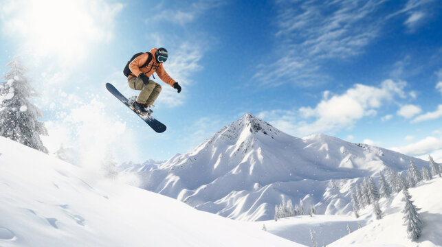 a man is snowboarding over some mountains on a sunny day.