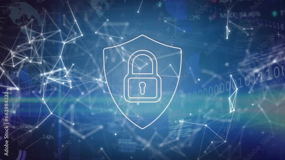 Poster animation of padlock in shield, computer language and connected dots forming abstract background