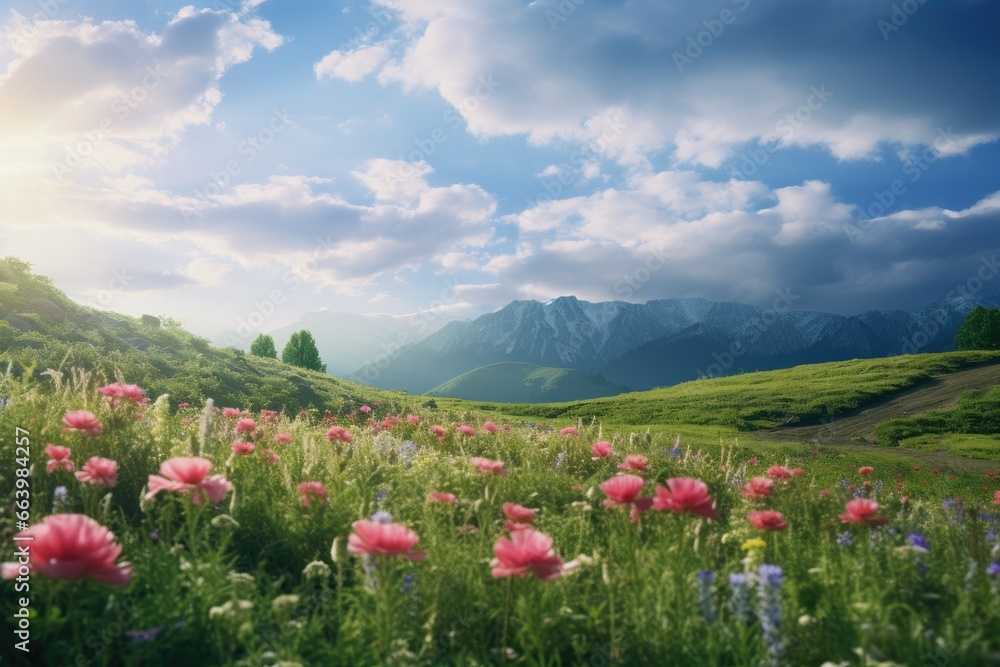 Poster a field of flowers with mountains in the background and clouds in the sky. generative ai
