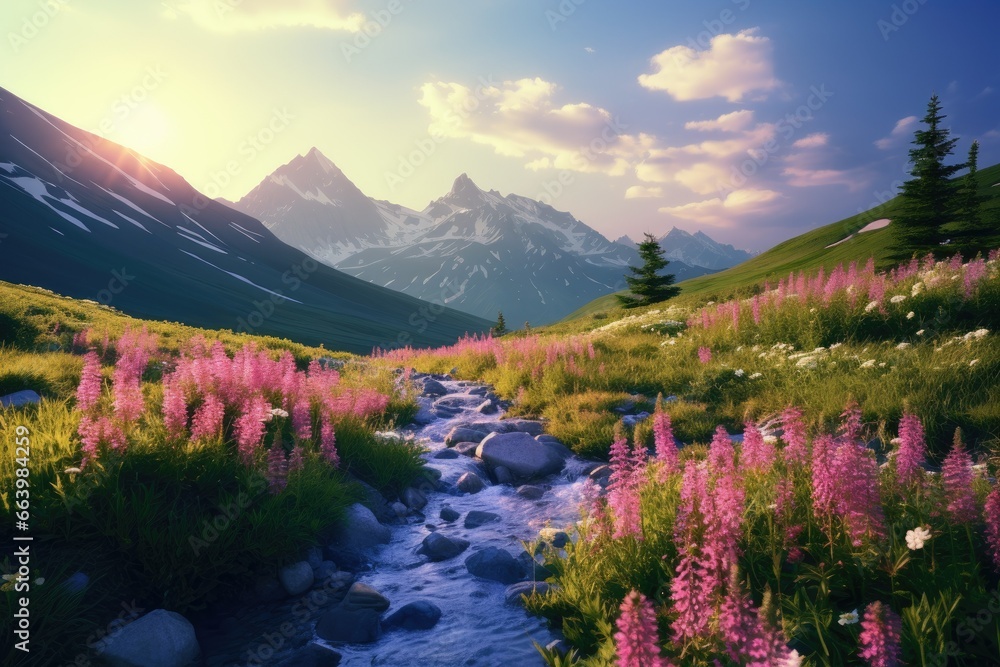 Poster a stream running through a lush green field next to a mountain. generative ai