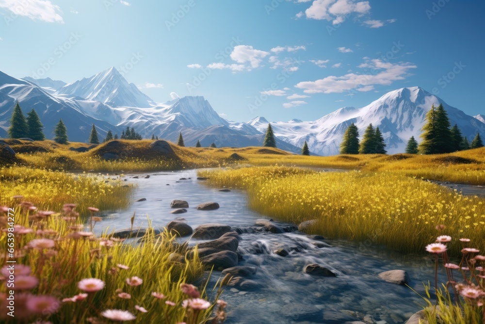 Poster a painting of a stream running through a meadow with mountains in the background. generative ai