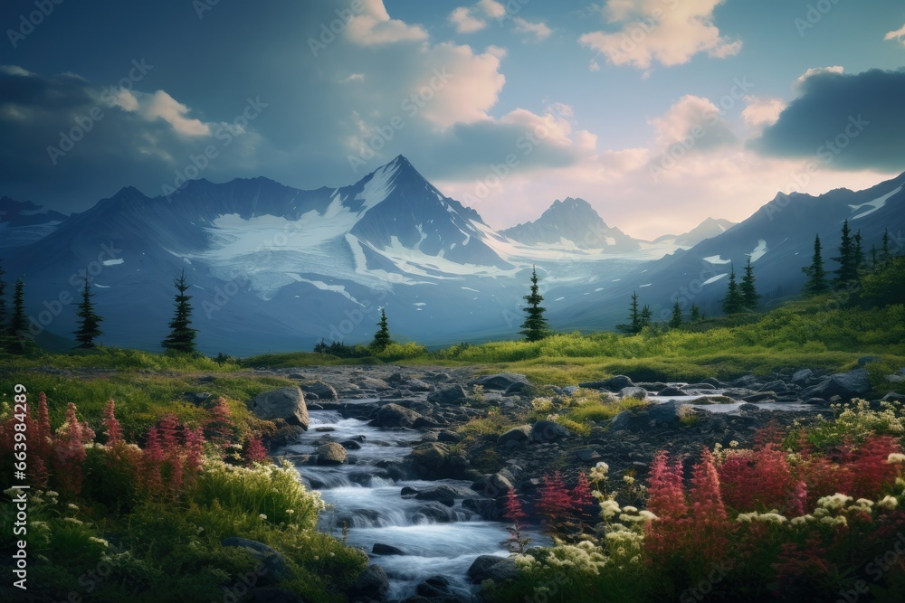 Poster a painting of a mountain scene with a stream running through it. generative ai
