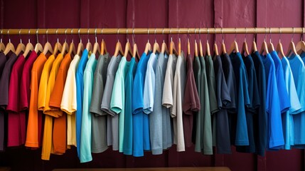 Generative AI, Colorful t-shirts on hangers, apparel background, print on demand concept, cloth store
