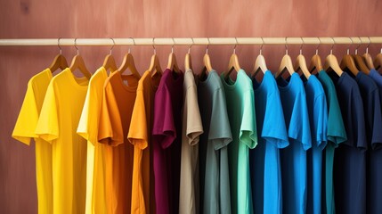 Generative AI, Colorful t-shirts on hangers, apparel background, print on demand concept, cloth store
