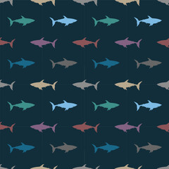 Shark white icon on black background seamless pattern. Vector illustration
