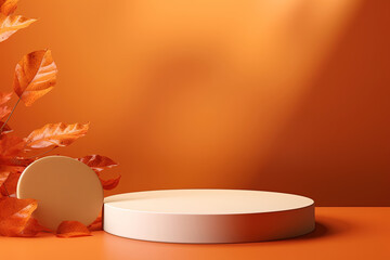 Wooden product podium for autumn warm colorful product presentation. Fall leaves a simple backdrop for showcasing products.