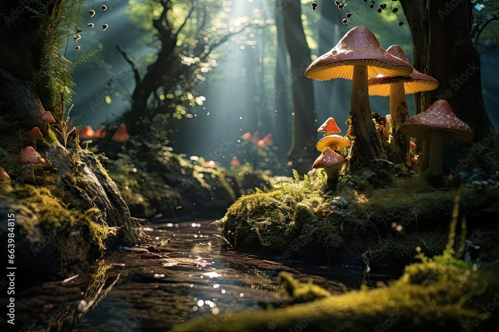 Poster a stream running through a lush green forest filled with mushrooms. generative ai